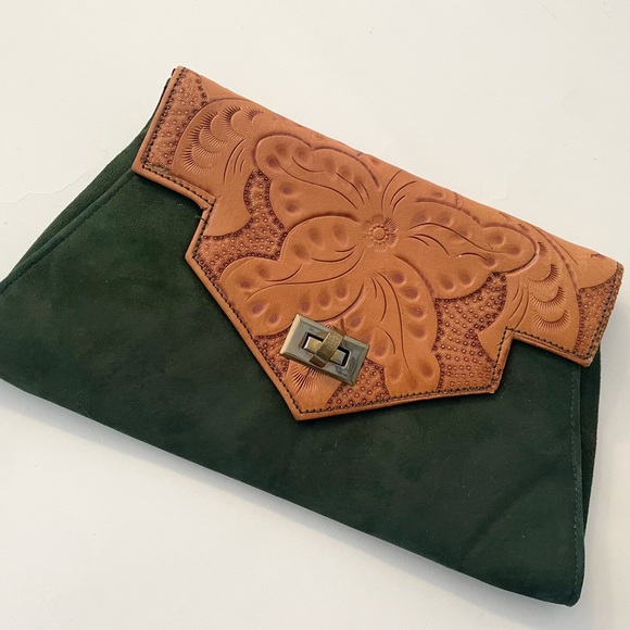 Vintage 40s Tooled Leather Flap with Green Suede Cluth Dance Bag - Picture 1 of 5
